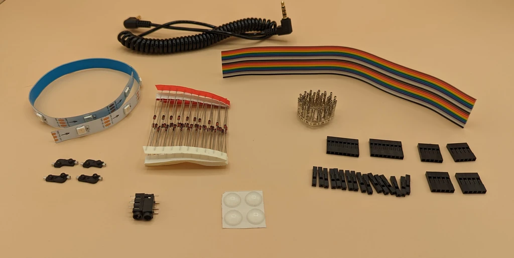 The additional items available for the DIY keyboards, including: Ribbon cable, adhesive rubber feet, diodes, cable terminals, terminal headers of various sizes, hotswap sockets, LED strip, TRRS jacks, and TRRS cable.